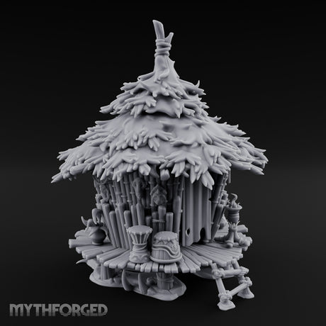 Leaf-Thatched Idol-Guarded Tribal Bamboo Hut Miniature for Dungeons and Dragons, Pathfinder or other TTRPGs