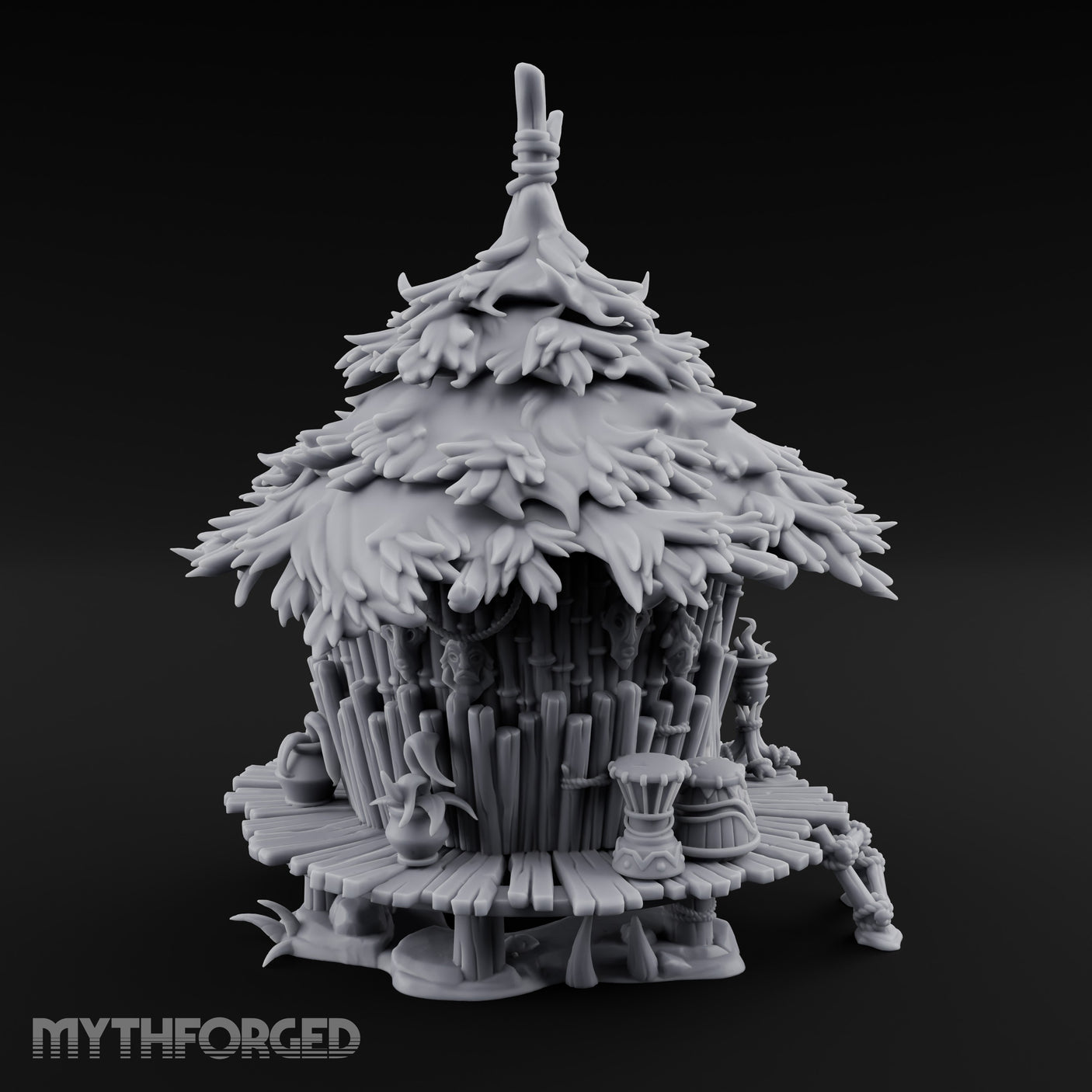 Leaf-Thatched Idol-Guarded Tribal Bamboo Hut Miniature for Dungeons and Dragons, Pathfinder or other TTRPGs