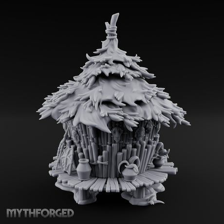 Leaf-Thatched Idol-Guarded Tribal Bamboo Hut Miniature for Dungeons and Dragons, Pathfinder or other TTRPGs
