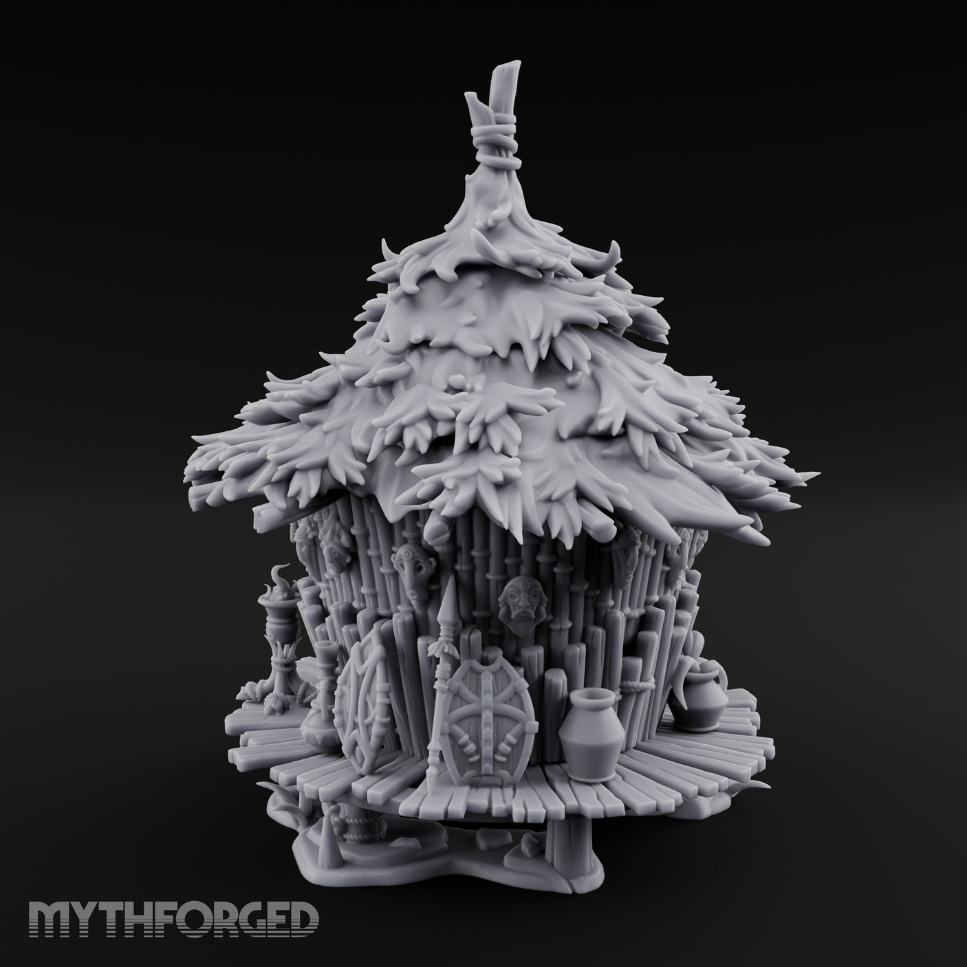 Leaf-Thatched Idol-Guarded Tribal Bamboo Hut Miniature for Dungeons and Dragons, Pathfinder or other TTRPGs
