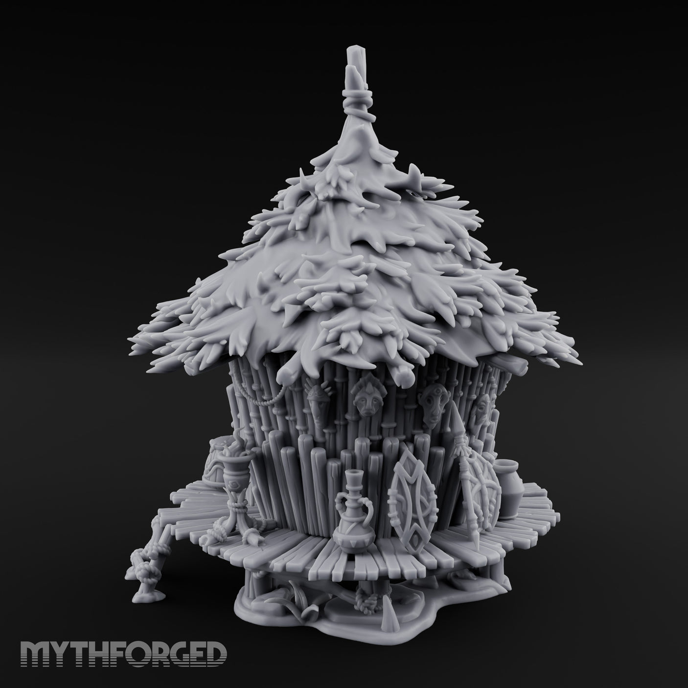 Leaf-Thatched Idol-Guarded Tribal Bamboo Hut Miniature for Dungeons and Dragons, Pathfinder or other TTRPGs