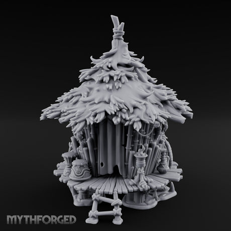 Leaf-Thatched Idol-Guarded Tribal Bamboo Hut Miniature for Dungeons and Dragons, Pathfinder or other TTRPGs