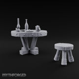 Drinks Poured, Stool Pulled Out Wooden Round Table with Stool