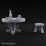 Drinks Poured, Stool Pulled Out Wooden Round Table with Stool