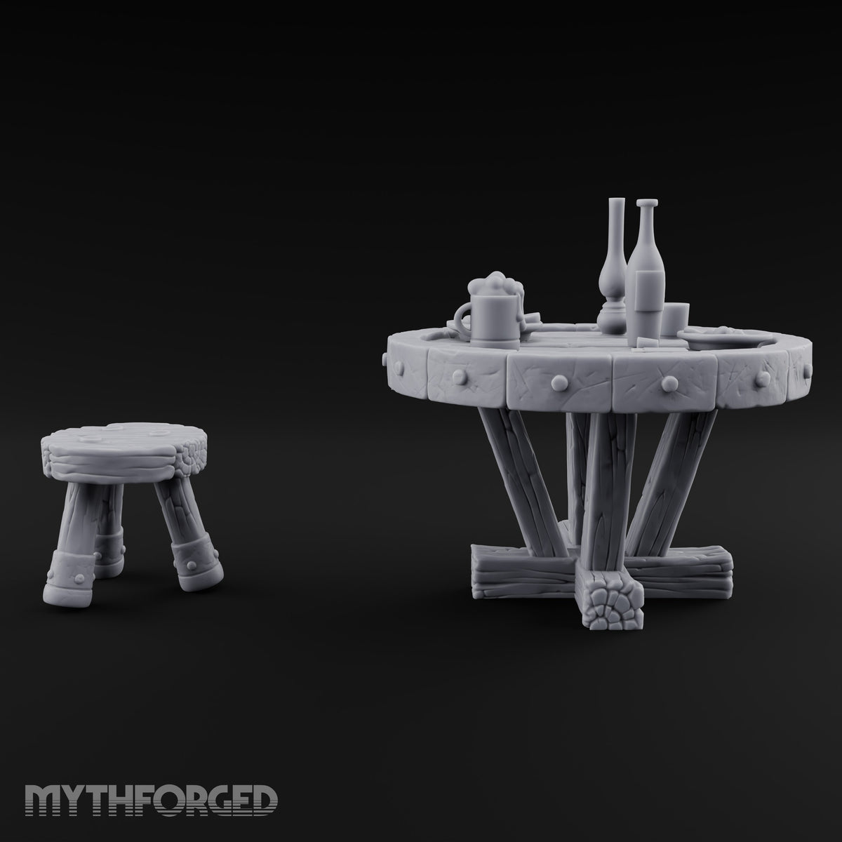 Drinks Poured, Stool Pulled Out Wooden Round Table with Stool