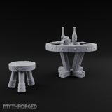 Drinks Poured, Stool Pulled Out Wooden Round Table with Stool