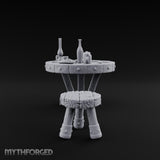 Drinks Poured, Stool Pulled Out Wooden Round Table with Stool
