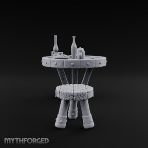 Drinks Poured, Stool Pulled Out Wooden Round Table with Stool