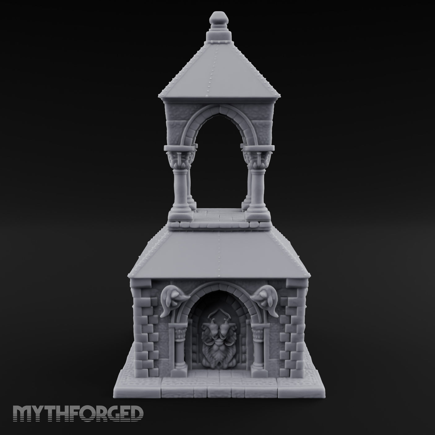 Lion-Carved Arch-Crowned Roadside Shrine Chapel Miniature for Dungeons and Dragons, Pathfinder or other TTRPGs