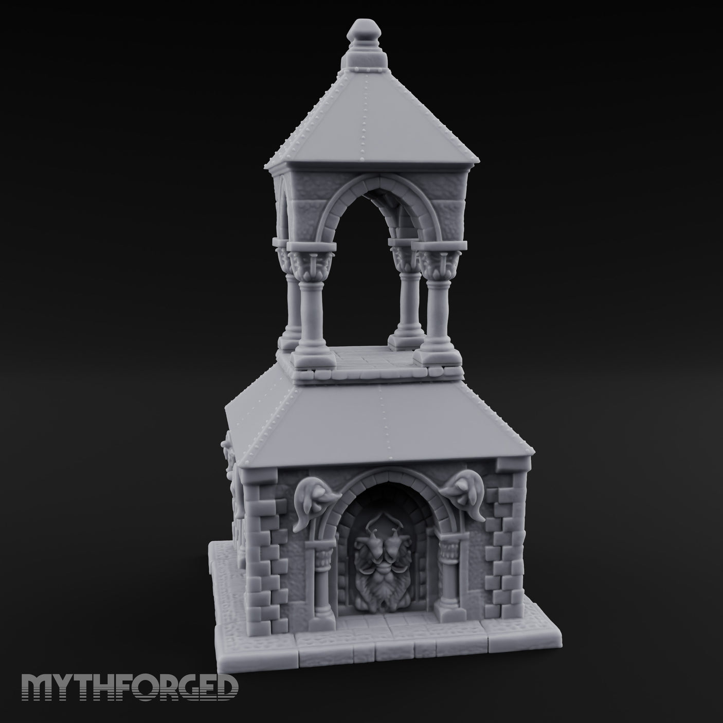 Lion-Carved Arch-Crowned Roadside Shrine Chapel Miniature for Dungeons and Dragons, Pathfinder or other TTRPGs