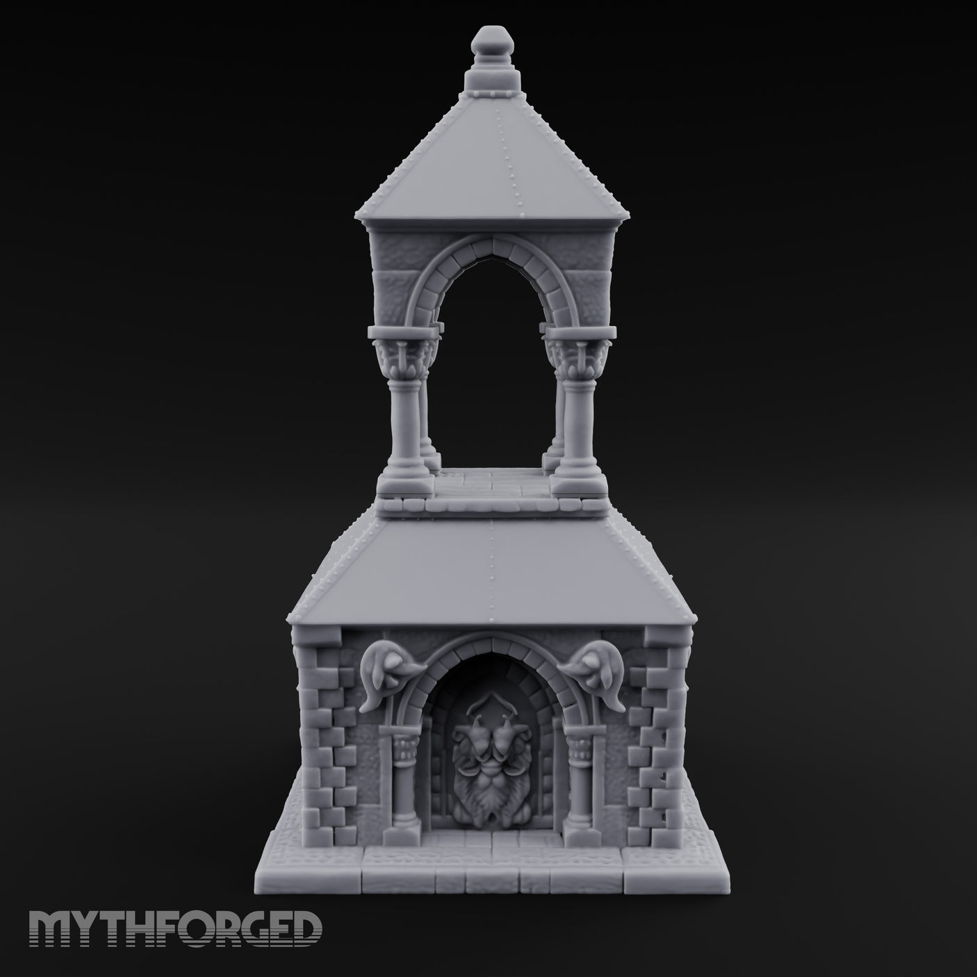 Lion-Carved Arch-Crowned Roadside Shrine Chapel Miniature for Dungeons and Dragons, Pathfinder or other TTRPGs