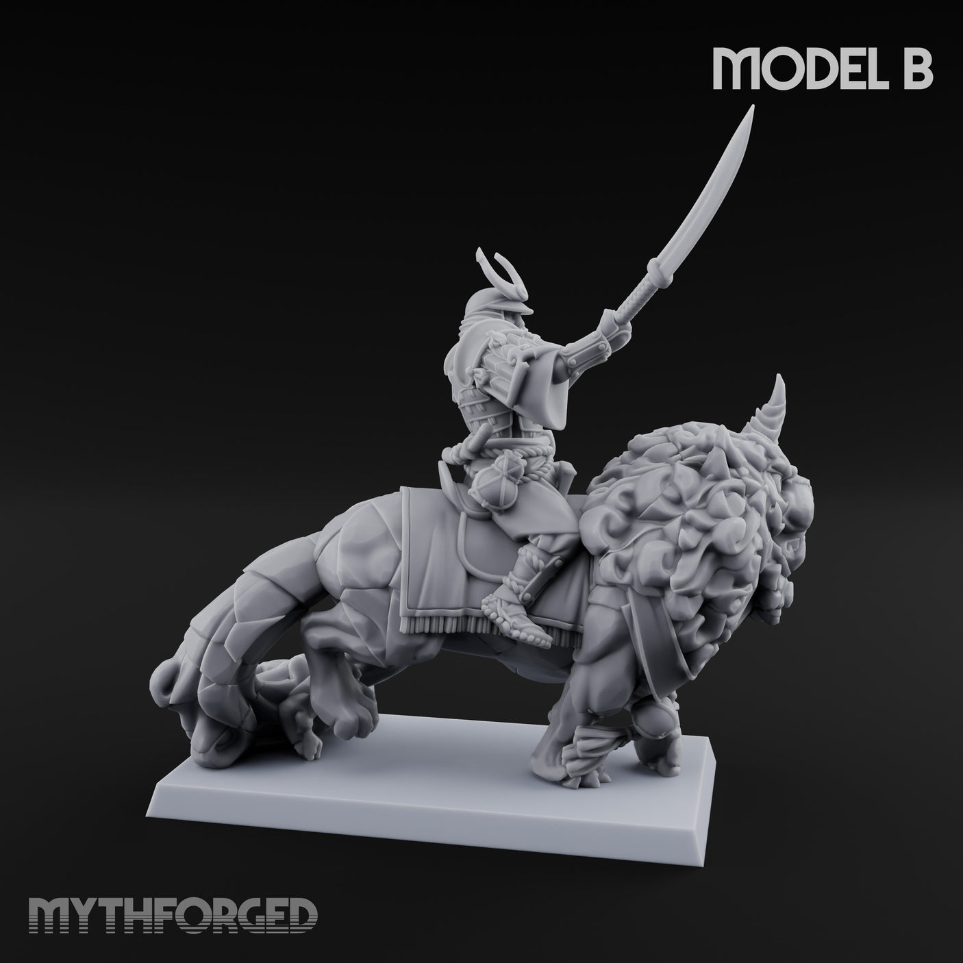 Lion Dog Riding Mounted Thunder Warrior B Miniature for Dungeons and Dragons, Pathfinder or other TTRPGs