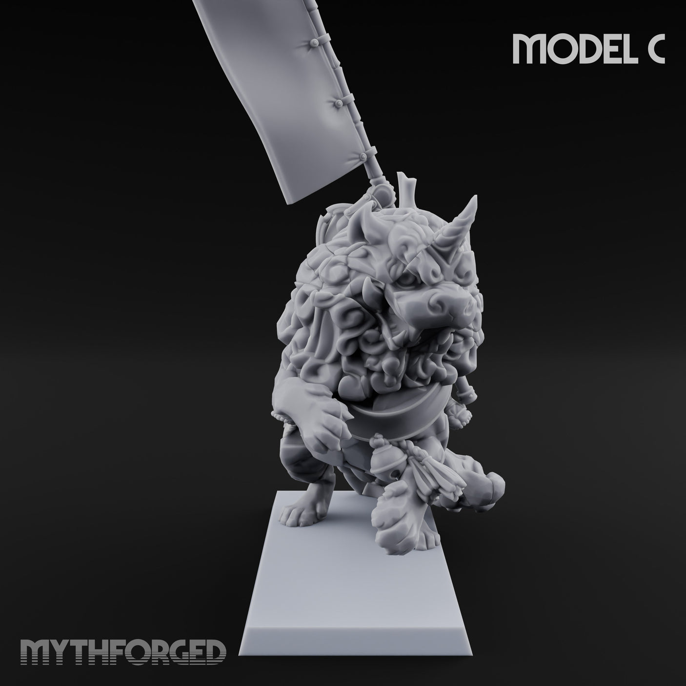 Lion Dog Riding Mounted Thunder Warrior C Miniature for Dungeons and Dragons, Pathfinder or other TTRPGs