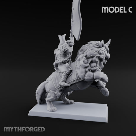 Lion Dog Riding Mounted Thunder Warrior C Miniature for Dungeons and Dragons, Pathfinder or other TTRPGs