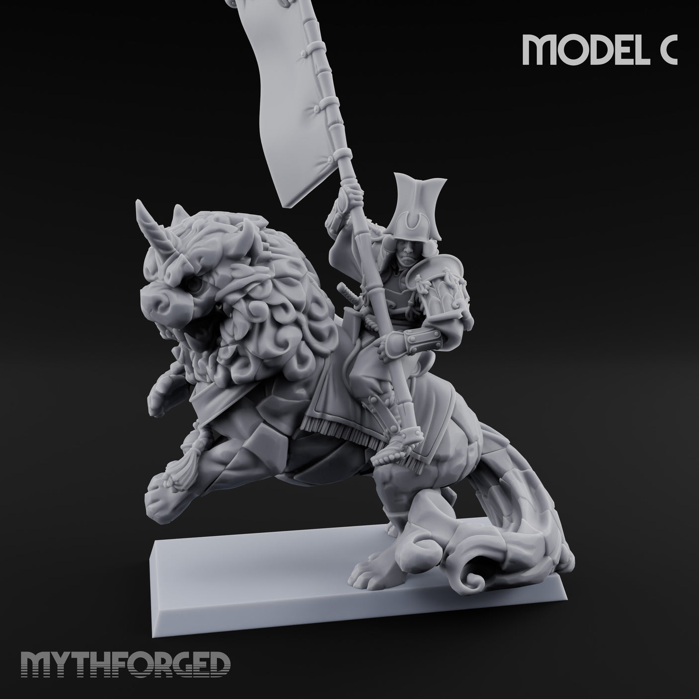Lion Dog Riding Mounted Thunder Warrior C Miniature for Dungeons and Dragons, Pathfinder or other TTRPGs