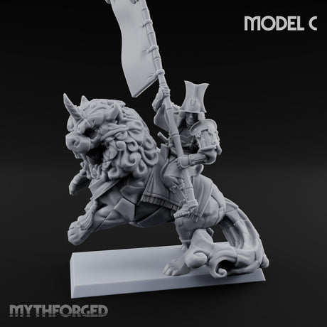 Lion Dog Riding Mounted Thunder Warrior C Miniature for Dungeons and Dragons, Pathfinder or other TTRPGs