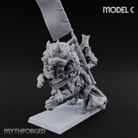 Lion Dog Riding Mounted Thunder Warrior C Miniature for Dungeons and Dragons, Pathfinder or other TTRPGs
