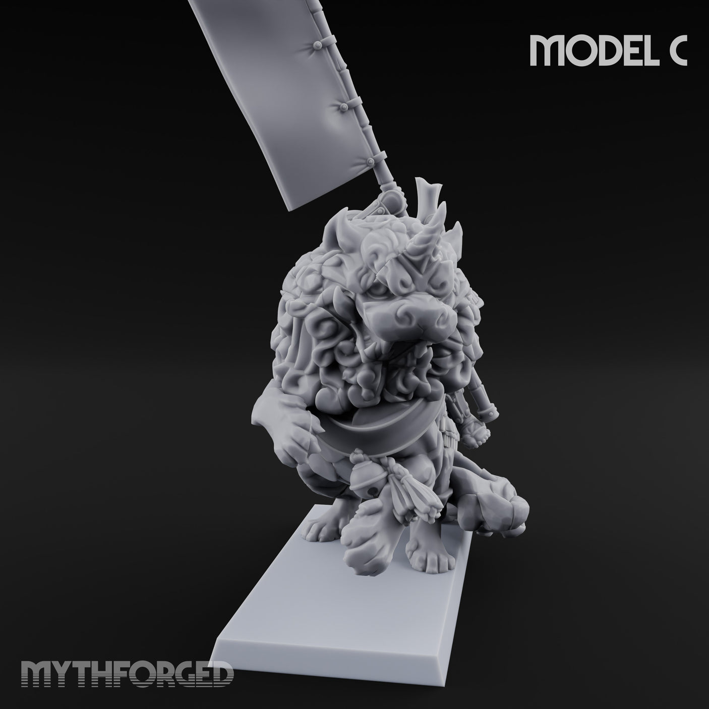 Lion Dog Riding Mounted Thunder Warrior C Miniature for Dungeons and Dragons, Pathfinder or other TTRPGs