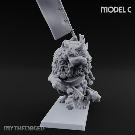 Lion Dog Riding Mounted Thunder Warrior C Miniature for Dungeons and Dragons, Pathfinder or other TTRPGs