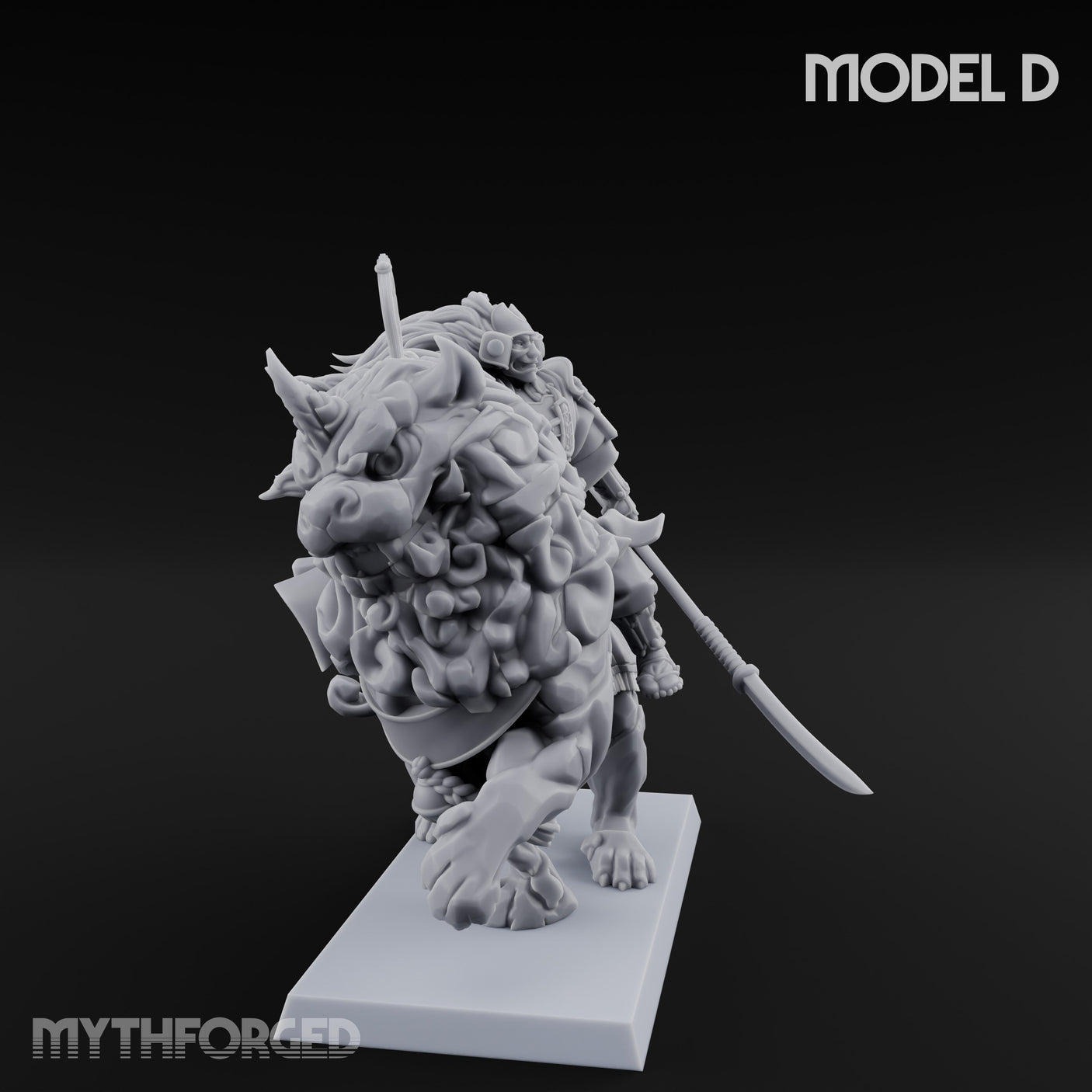 Lion Dog Riding Mounted Thunder Warrior D Miniature for Dungeons and Dragons, Pathfinder or other TTRPGs