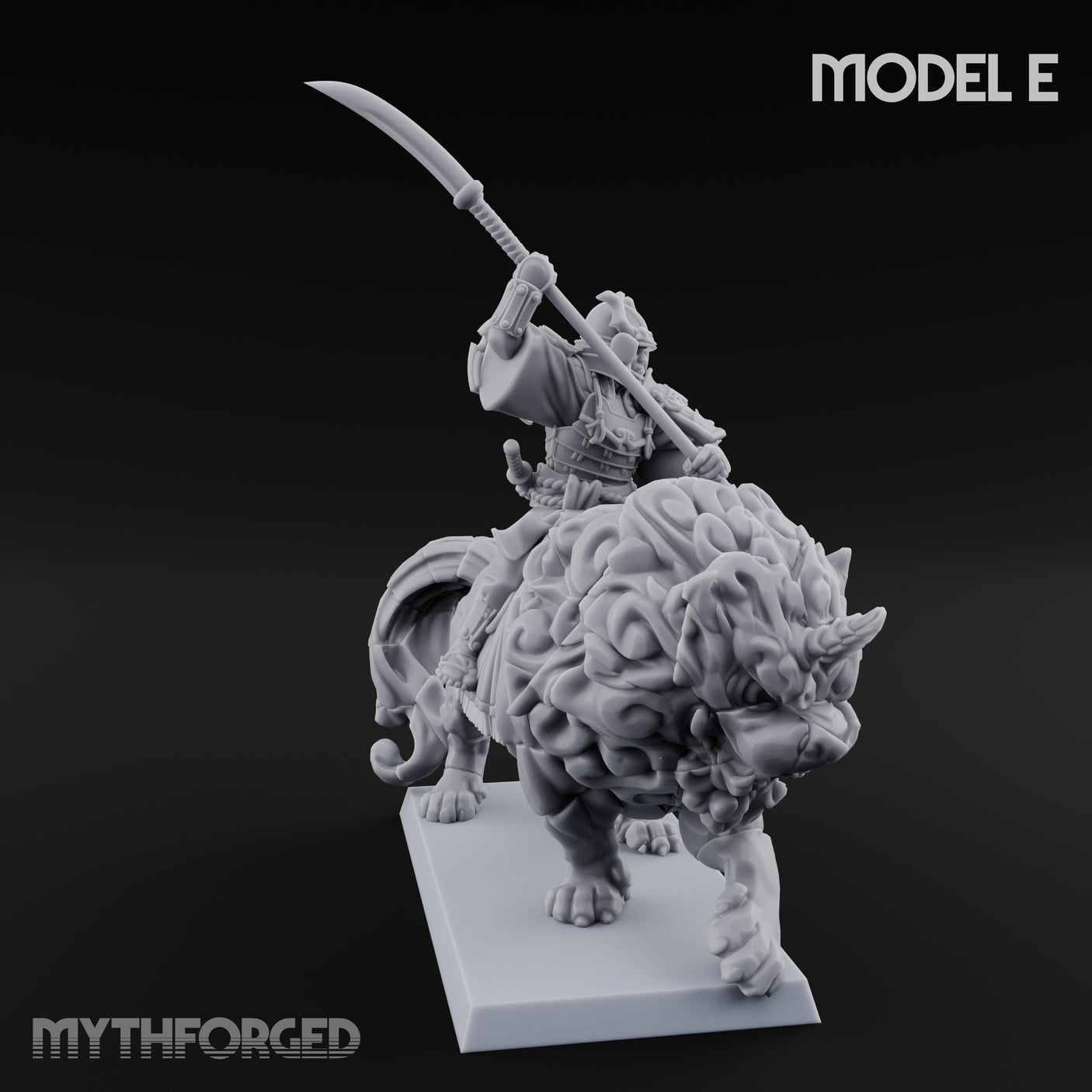 Lion Dog Riding Mounted Thunder Warrior E Miniature for Dungeons and Dragons, Pathfinder or other TTRPGs