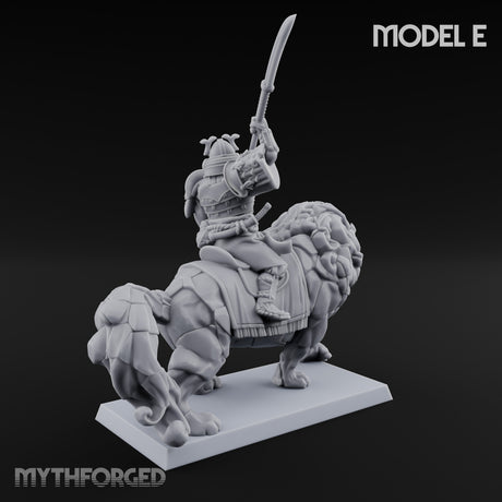 Lion Dog Riding Mounted Thunder Warrior E Miniature for Dungeons and Dragons, Pathfinder or other TTRPGs