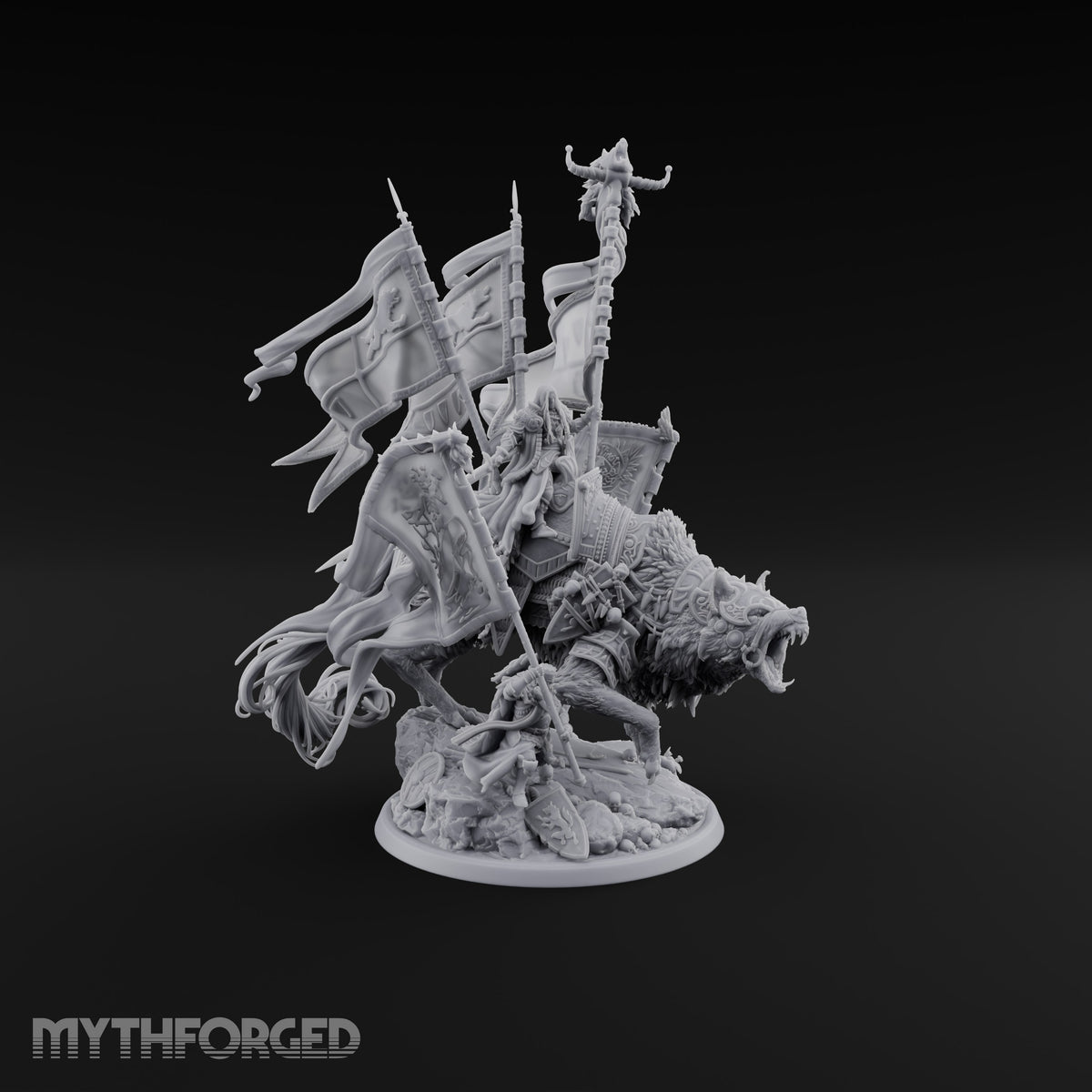 Where His Standard Goes, Wolves Follow Human Wolf Lord on Dire Wolf