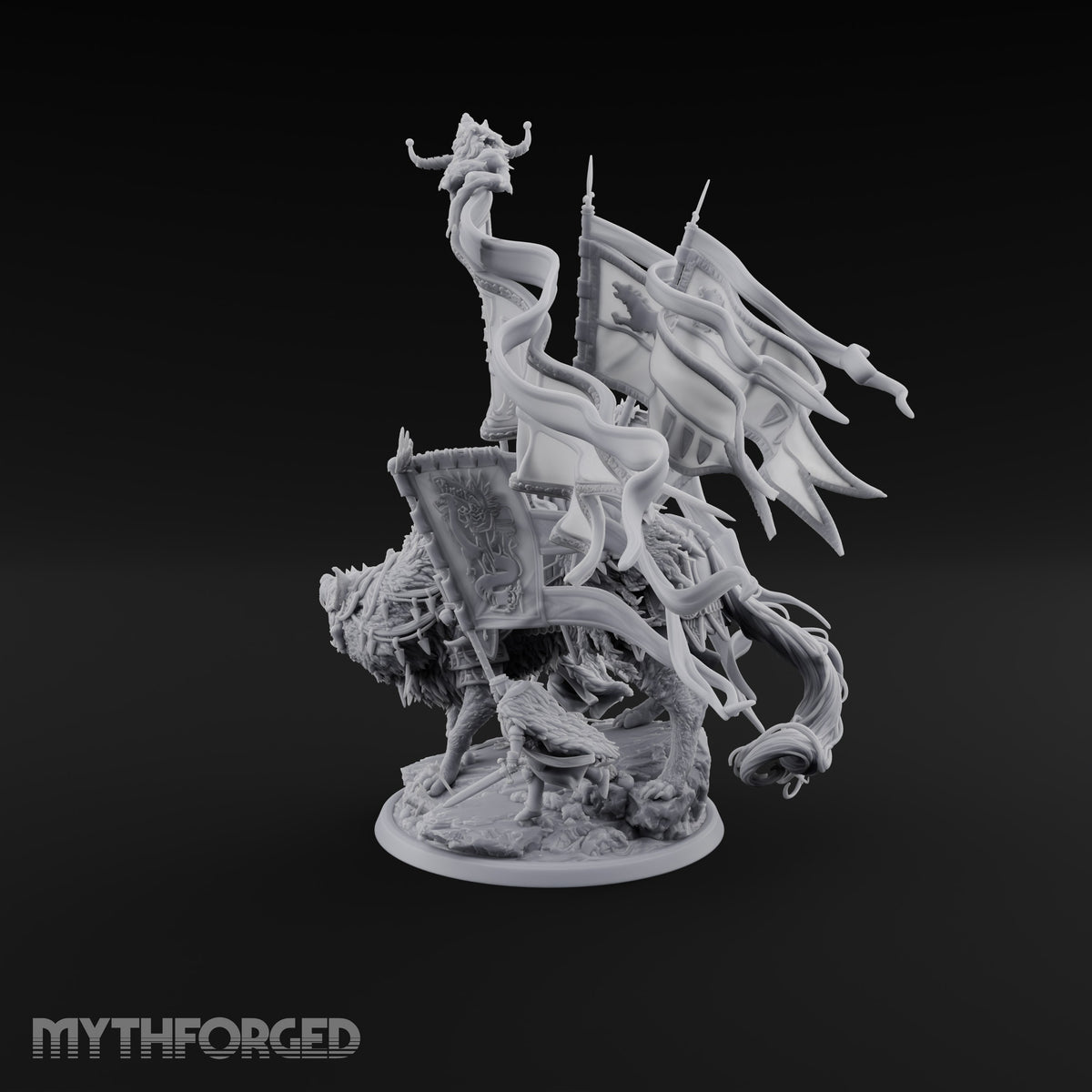 Where His Standard Goes, Wolves Follow Human Wolf Lord on Dire Wolf