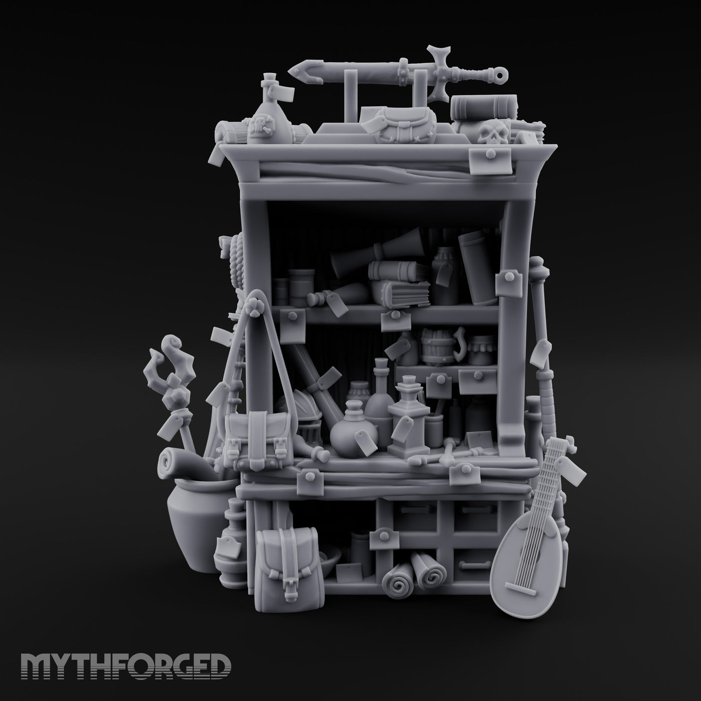 Lute-Hung Potion-Crammed Adventurer's Curio Shelf Miniature for Dungeons and Dragons, Pathfinder or other TTRPGs