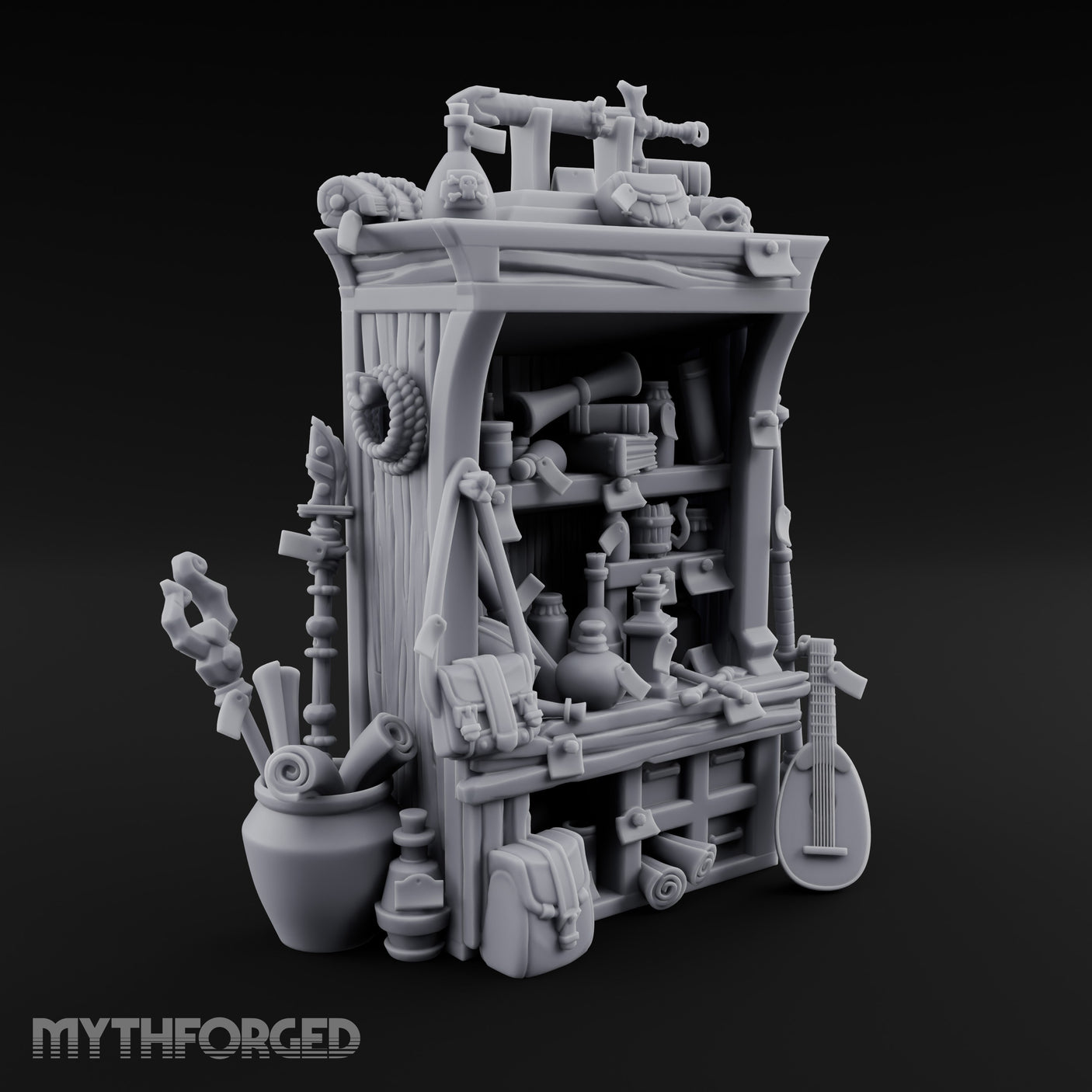 Lute-Hung Potion-Crammed Adventurer's Curio Shelf Miniature for Dungeons and Dragons, Pathfinder or other TTRPGs