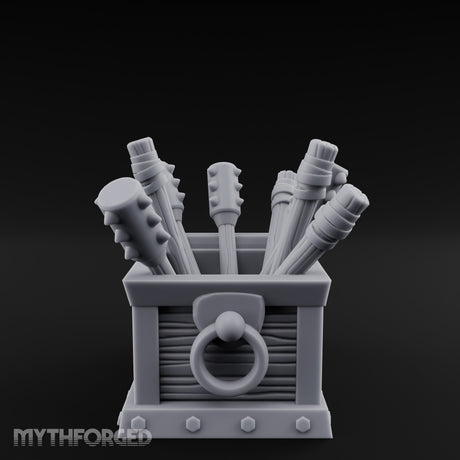 Mace-Stuffed Ring-Handled Weapon Storage Crate Miniature for Dungeons and Dragons, Pathfinder or other TTRPGs
