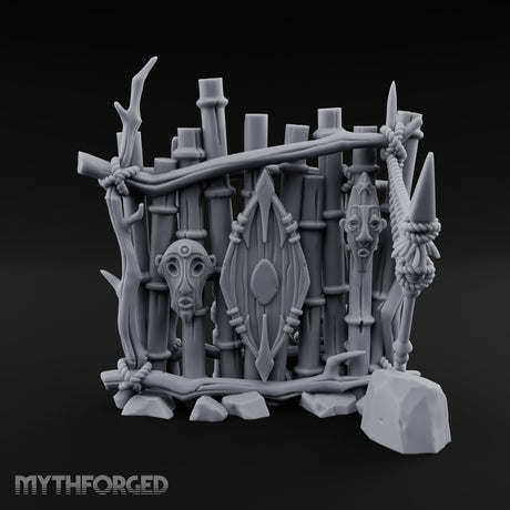 Mask-Adorned Spear-Tipped Tribal Bamboo Corner Wall Miniature for Dungeons and Dragons, Pathfinder or other TTRPGs