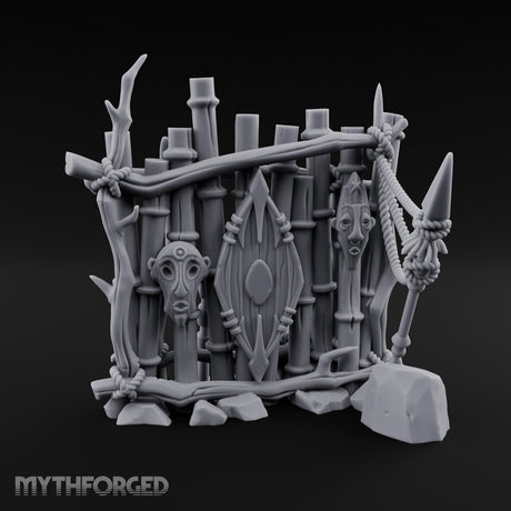 Mask-Adorned Spear-Tipped Tribal Bamboo Corner Wall Miniature for Dungeons and Dragons, Pathfinder or other TTRPGs