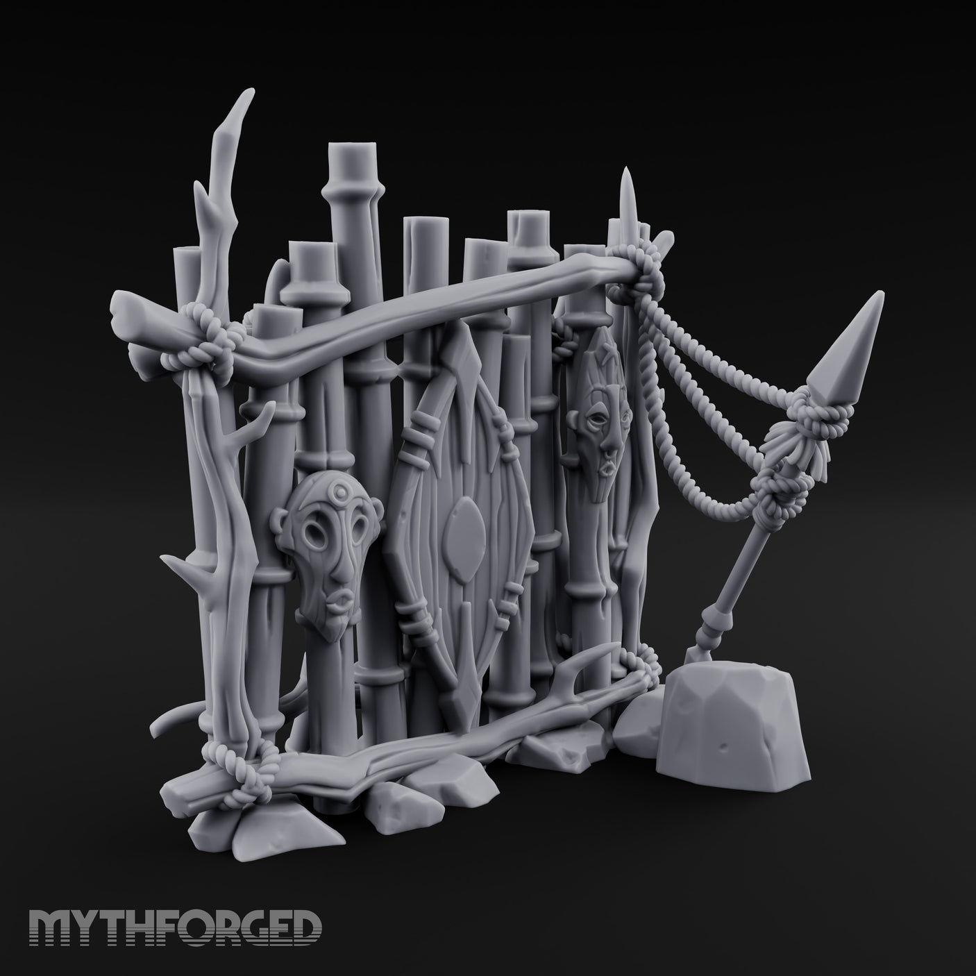 Mask-Adorned Spear-Tipped Tribal Bamboo Corner Wall Miniature for Dungeons and Dragons, Pathfinder or other TTRPGs
