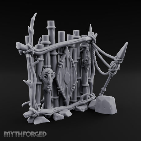 Mask-Adorned Spear-Tipped Tribal Bamboo Corner Wall Miniature for Dungeons and Dragons, Pathfinder or other TTRPGs