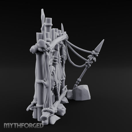 Mask-Adorned Spear-Tipped Tribal Bamboo Corner Wall Miniature for Dungeons and Dragons, Pathfinder or other TTRPGs