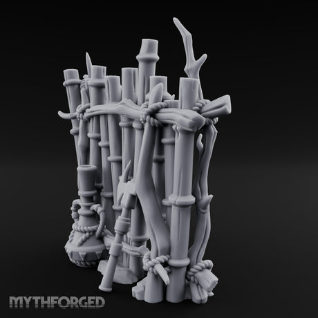 Mask-Adorned Spear-Tipped Tribal Bamboo Corner Wall Miniature for Dungeons and Dragons, Pathfinder or other TTRPGs