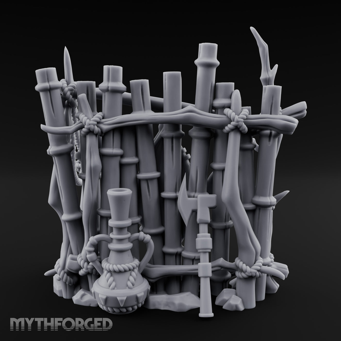 Mask-Adorned Spear-Tipped Tribal Bamboo Corner Wall Miniature for Dungeons and Dragons, Pathfinder or other TTRPGs