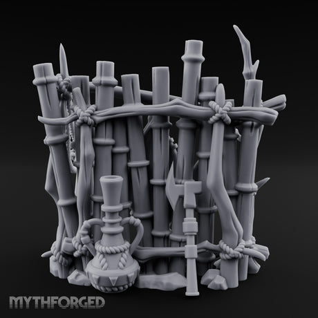 Mask-Adorned Spear-Tipped Tribal Bamboo Corner Wall Miniature for Dungeons and Dragons, Pathfinder or other TTRPGs