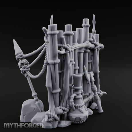 Mask-Adorned Spear-Tipped Tribal Bamboo Corner Wall Miniature for Dungeons and Dragons, Pathfinder or other TTRPGs