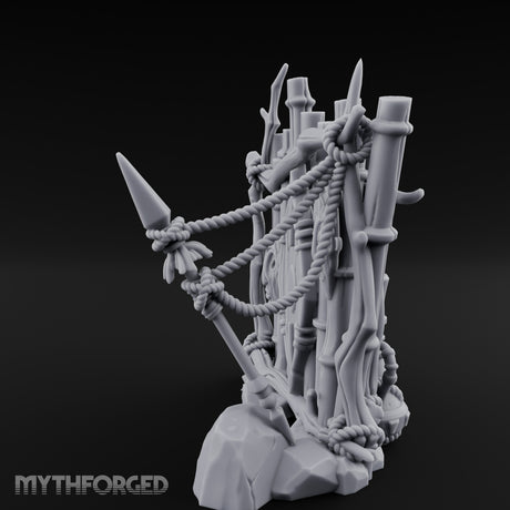 Mask-Adorned Spear-Tipped Tribal Bamboo Corner Wall Miniature for Dungeons and Dragons, Pathfinder or other TTRPGs