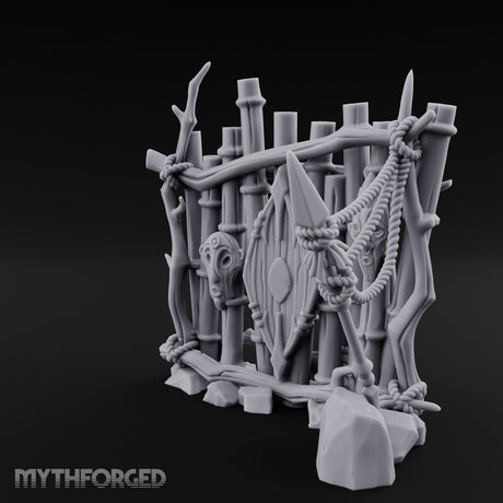 Mask-Adorned Spear-Tipped Tribal Bamboo Corner Wall Miniature for Dungeons and Dragons, Pathfinder or other TTRPGs