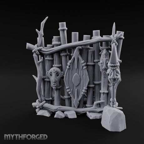 Mask-Adorned Spear-Tipped Tribal Bamboo Corner Wall Miniature for Dungeons and Dragons, Pathfinder or other TTRPGs