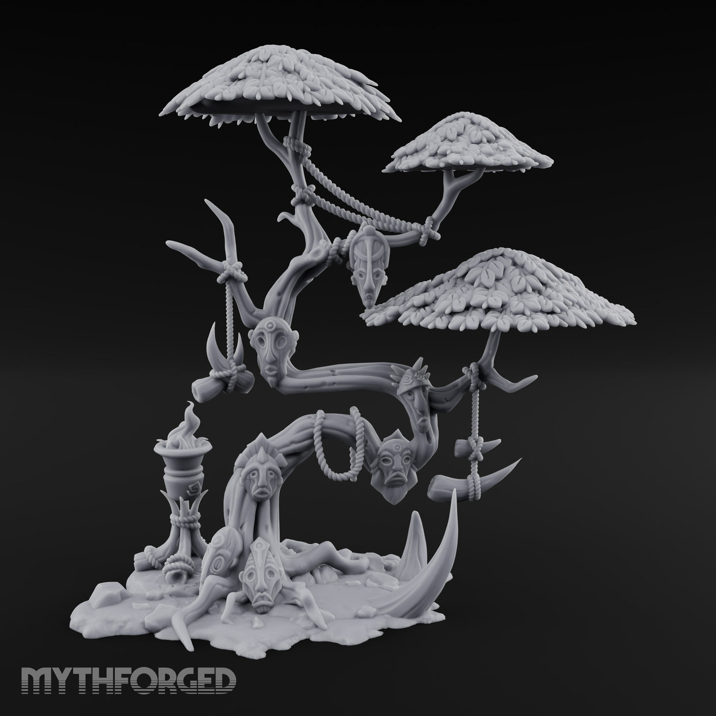 Mask-Dangled Rope-Twisted Tribal Spirit Tree Scene Miniature for Dungeons and Dragons, Pathfinder or other TTRPGs