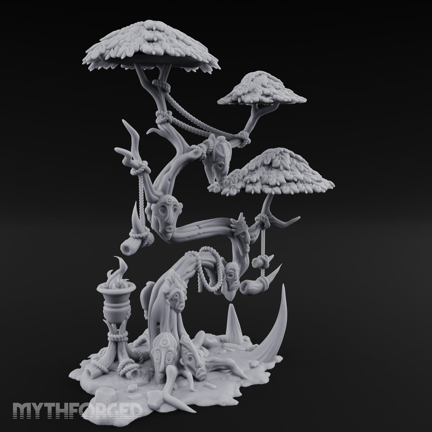 Mask-Dangled Rope-Twisted Tribal Spirit Tree Scene Miniature for Dungeons and Dragons, Pathfinder or other TTRPGs