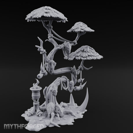 Mask-Dangled Rope-Twisted Tribal Spirit Tree Scene Miniature for Dungeons and Dragons, Pathfinder or other TTRPGs
