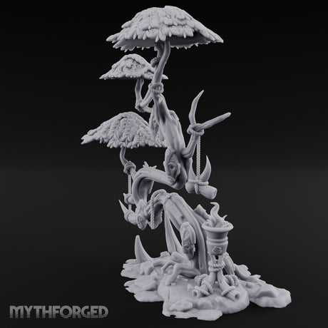 Mask-Dangled Rope-Twisted Tribal Spirit Tree Scene Miniature for Dungeons and Dragons, Pathfinder or other TTRPGs