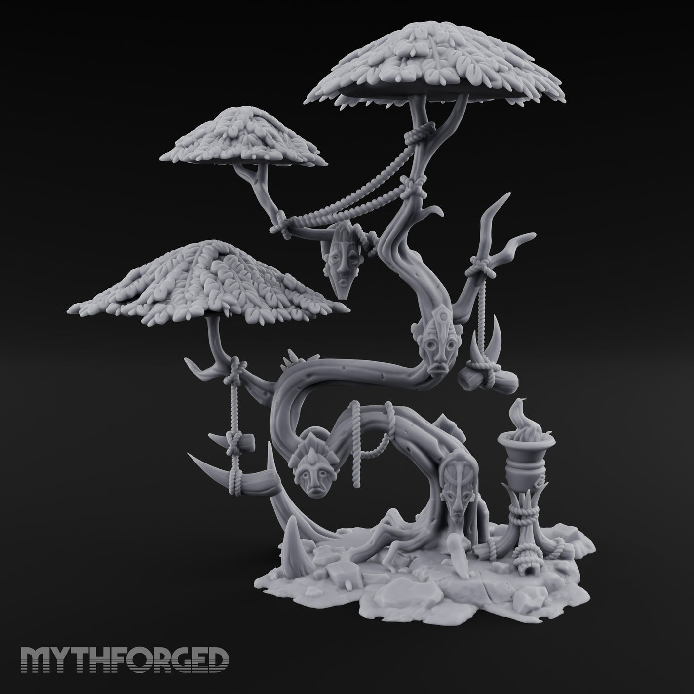 Mask-Dangled Rope-Twisted Tribal Spirit Tree Scene Miniature for Dungeons and Dragons, Pathfinder or other TTRPGs