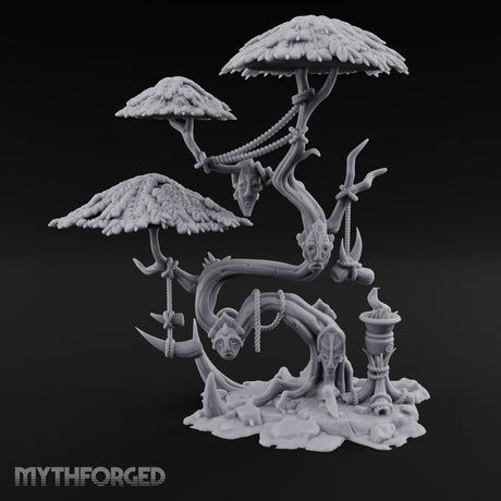 Mask-Dangled Rope-Twisted Tribal Spirit Tree Scene Miniature for Dungeons and Dragons, Pathfinder or other TTRPGs