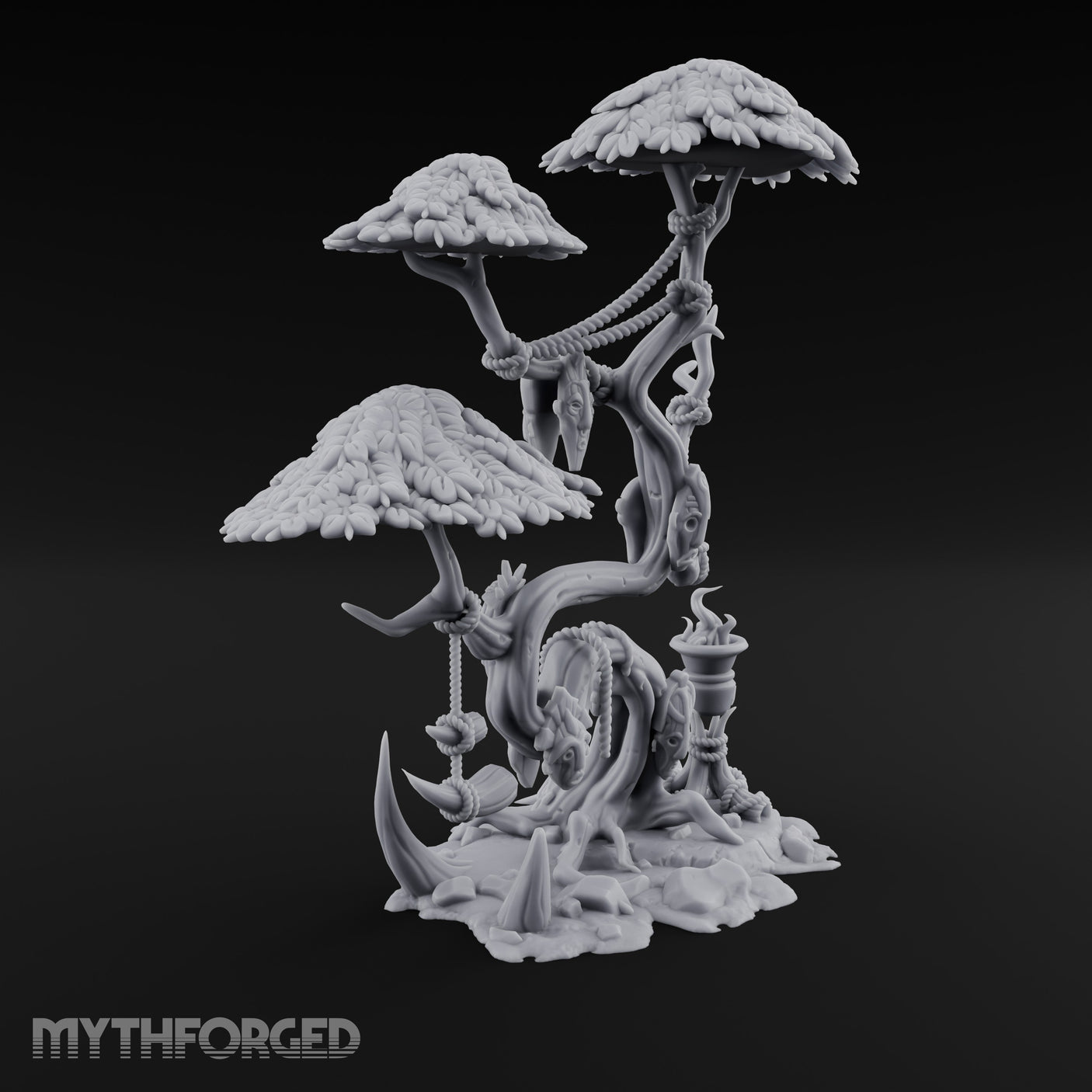 Mask-Dangled Rope-Twisted Tribal Spirit Tree Scene Miniature for Dungeons and Dragons, Pathfinder or other TTRPGs